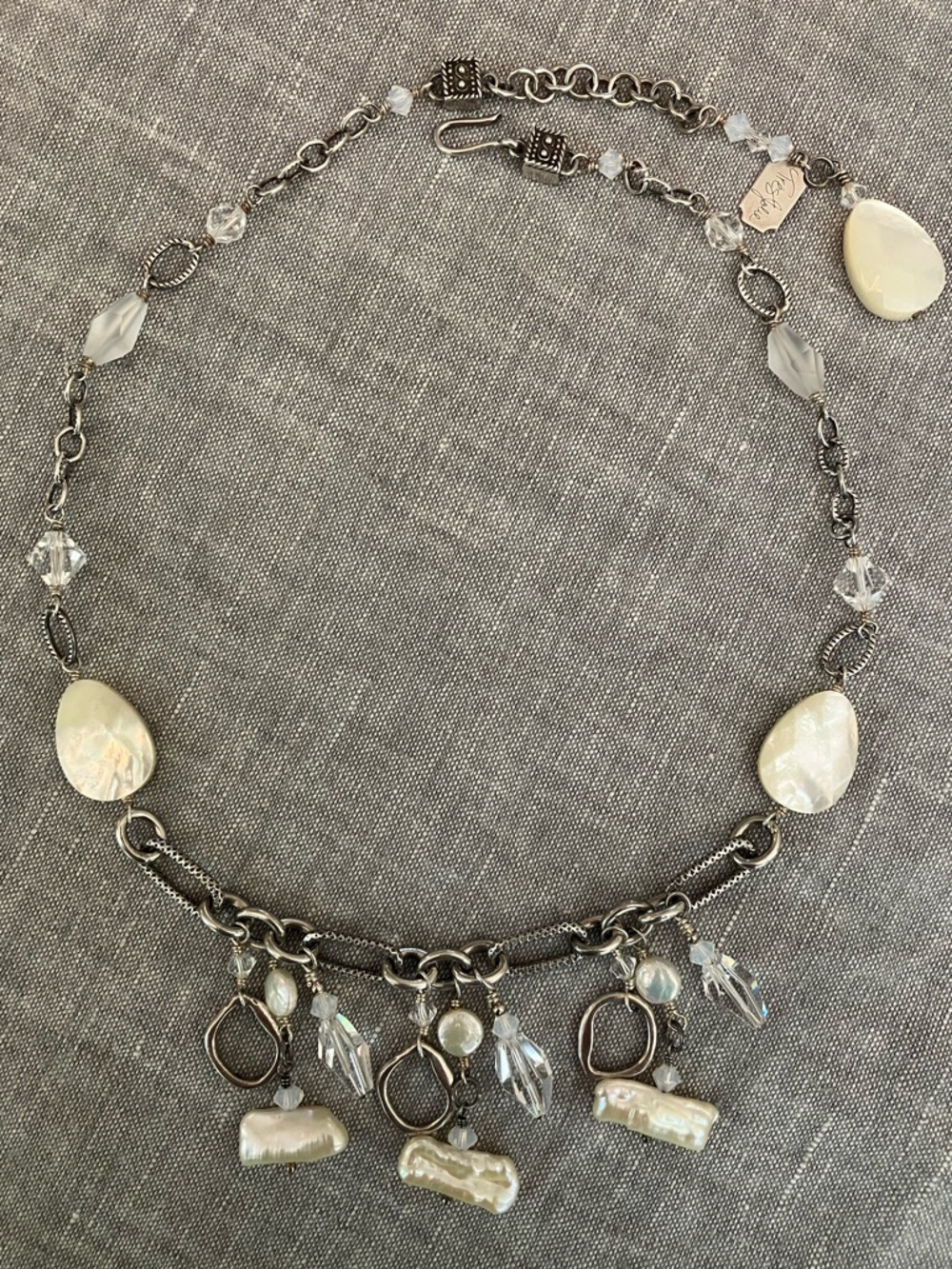 Tres Jolie Sterling Silver Necklace with Mother of Pearl and Crystals